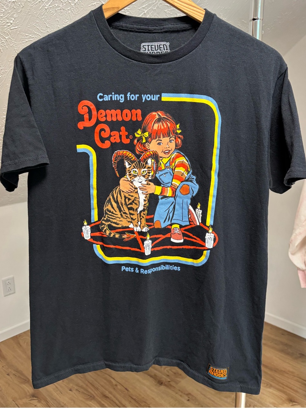 Steven Rhodes retro graphic tee, Caring for Your Demon Cat, XS